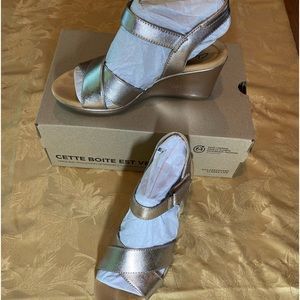 Soft gold leather Sandals. 1.5 inch wedge heel size 7.5M. Velcro ankle Strap